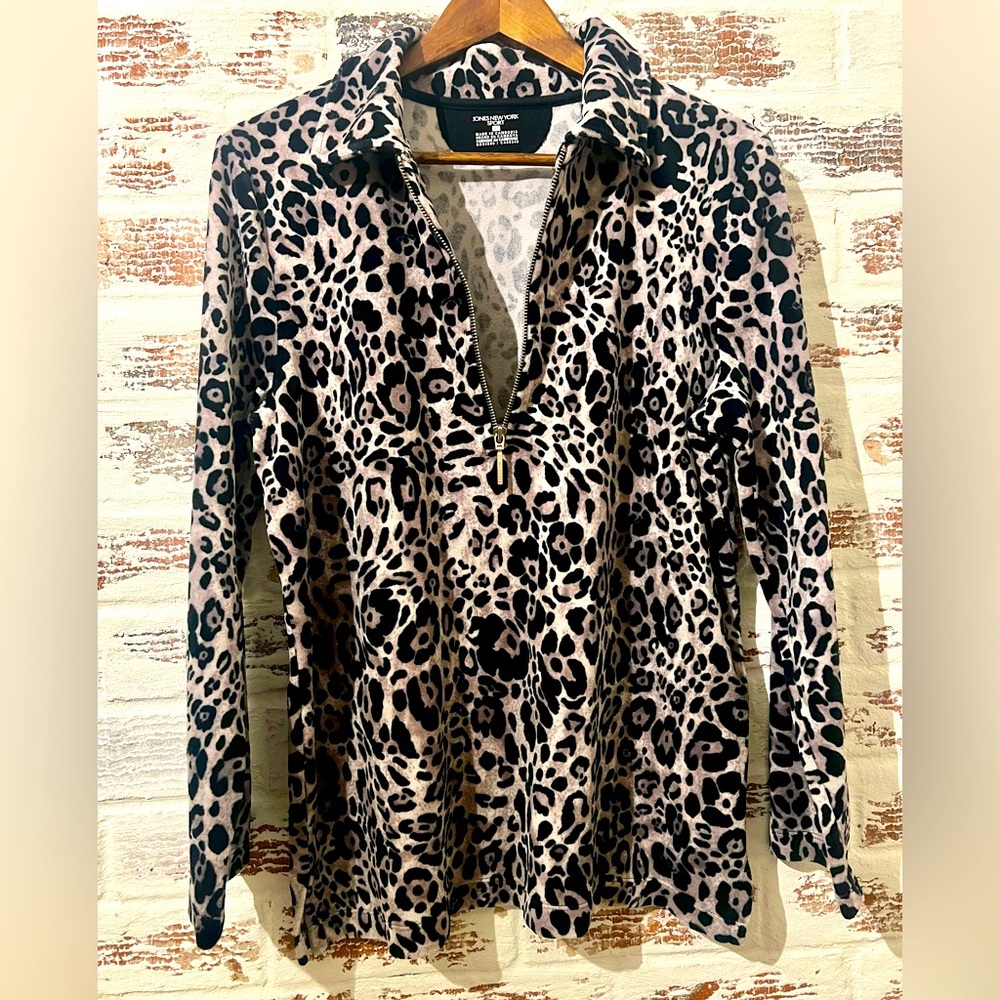 Jones New York Sport Animal Print 1/4 Zip Up Pullover Size L Jaguar Print Soft
